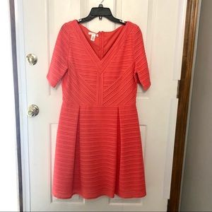 Orange V-Neck Midi Textured Dress with Sleeves